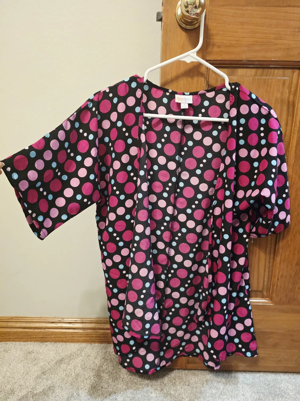 LuLaRoe Kids Open-Front Kimono In Black, Pink and Light Blue Polka Dots